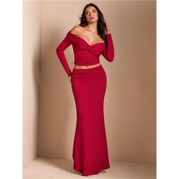 Twist Knot Solid Color Long Sleeve Top + High Waist Ruched Fishtail Skirt - Picture 5 of 5